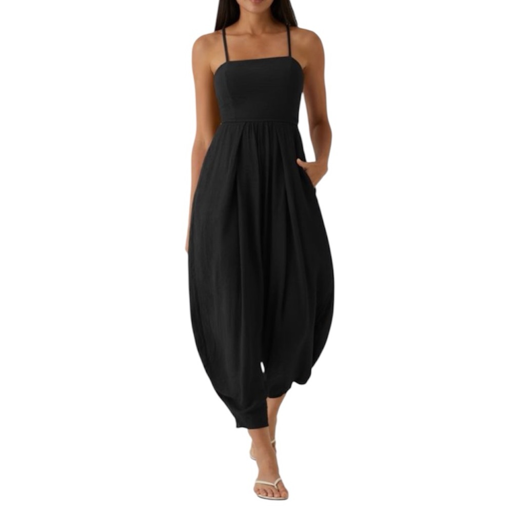 HALARA Black Spaghetti Strap Lace Up Pocket Jumpsuit